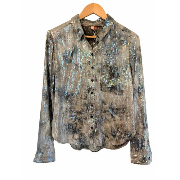 Anthropologie Pilcro Silver and Gray Sequin Button Up Blouse Shirt Sz Large NEW - Picture 9 of 14